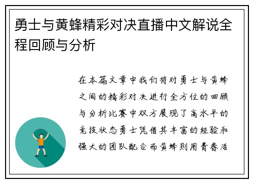 勇士与黄蜂精彩对决直播中文解说全程回顾与分析